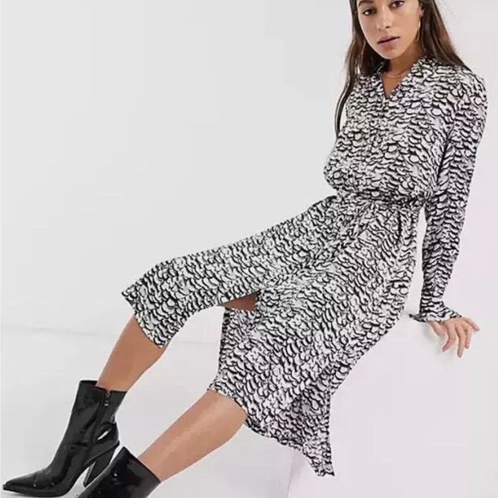 All Saints: Anya Plume Feather Print Button Long Sleeve Midi Dress- Size Small